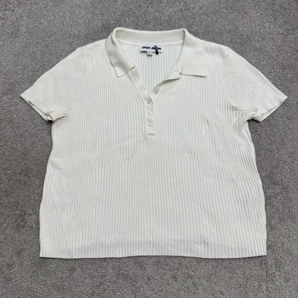 DKNY Jeans Ribbed Knit Polo Shirt Womens Large White Short Sleeve Stretch Top